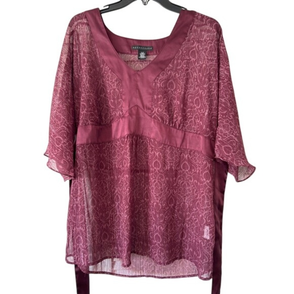 Apostrophe Womens XL Burgundy Damask Sheer Metallic Tunic Top Empire Waist‎ Tie